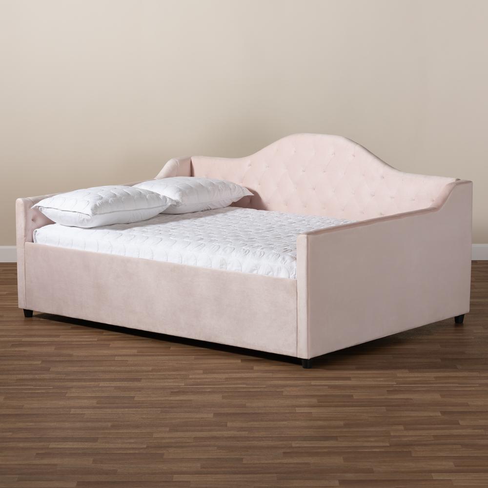 Baxton Studio Perry Modern and Contemporary Light Pink Velvet Fabric Upholstered and Button Tufted Queen Size Daybed. Picture 6