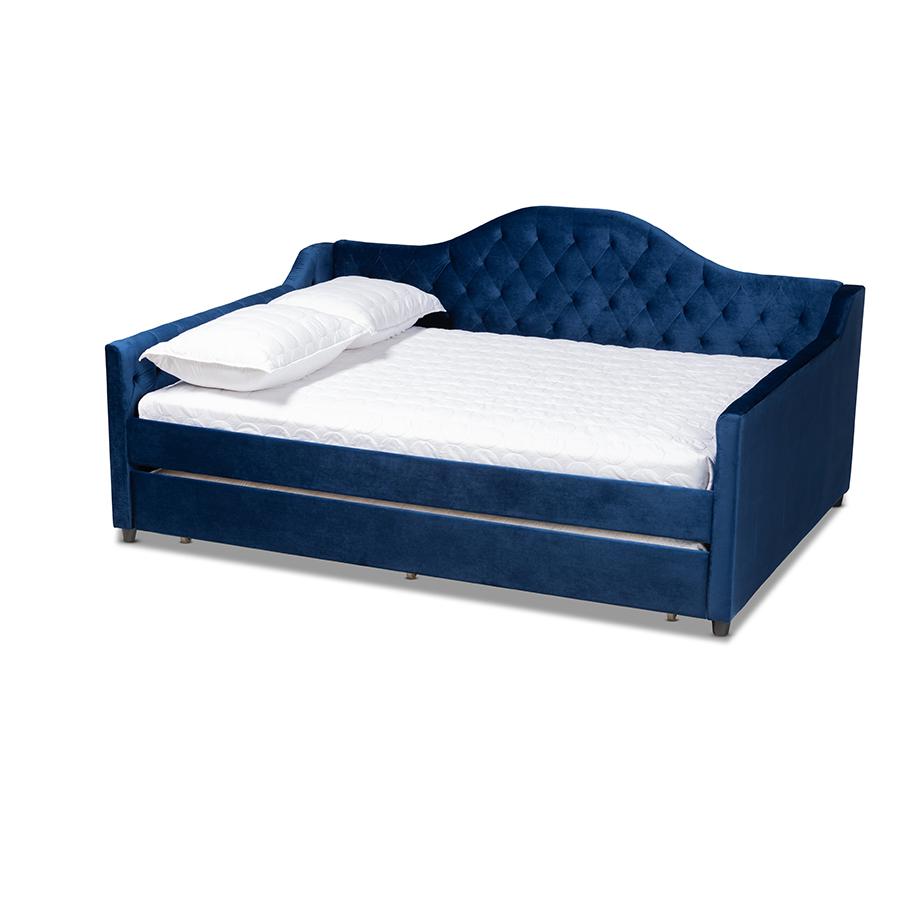 Baxton Studio Perry Modern and Contemporary Royal Blue Velvet Fabric Upholstered and Button Tufted Queen Size Daybed with Trundle. Picture 1