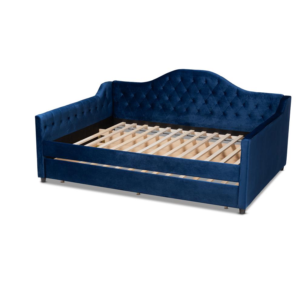 Baxton Studio Perry Modern and Contemporary Royal Blue Velvet Fabric Upholstered and Button Tufted Queen Size Daybed with Trundle. Picture 4