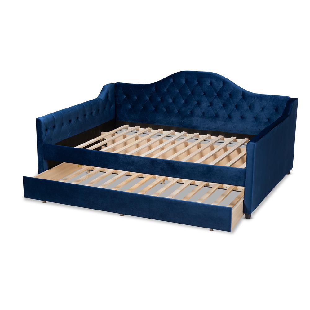 Baxton Studio Perry Modern and Contemporary Royal Blue Velvet Fabric Upholstered and Button Tufted Queen Size Daybed with Trundle. Picture 5