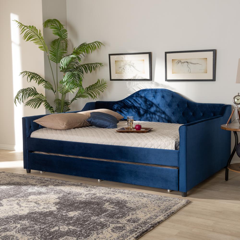 Baxton Studio Perry Modern and Contemporary Royal Blue Velvet Fabric Upholstered and Button Tufted Queen Size Daybed with Trundle. Picture 7