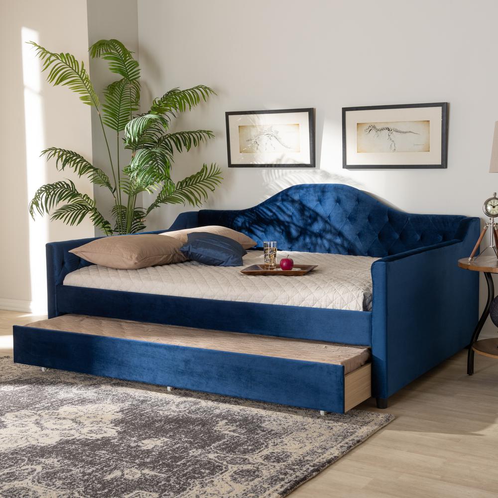 Baxton Studio Perry Modern and Contemporary Royal Blue Velvet Fabric Upholstered and Button Tufted Queen Size Daybed with Trundle. Picture 8