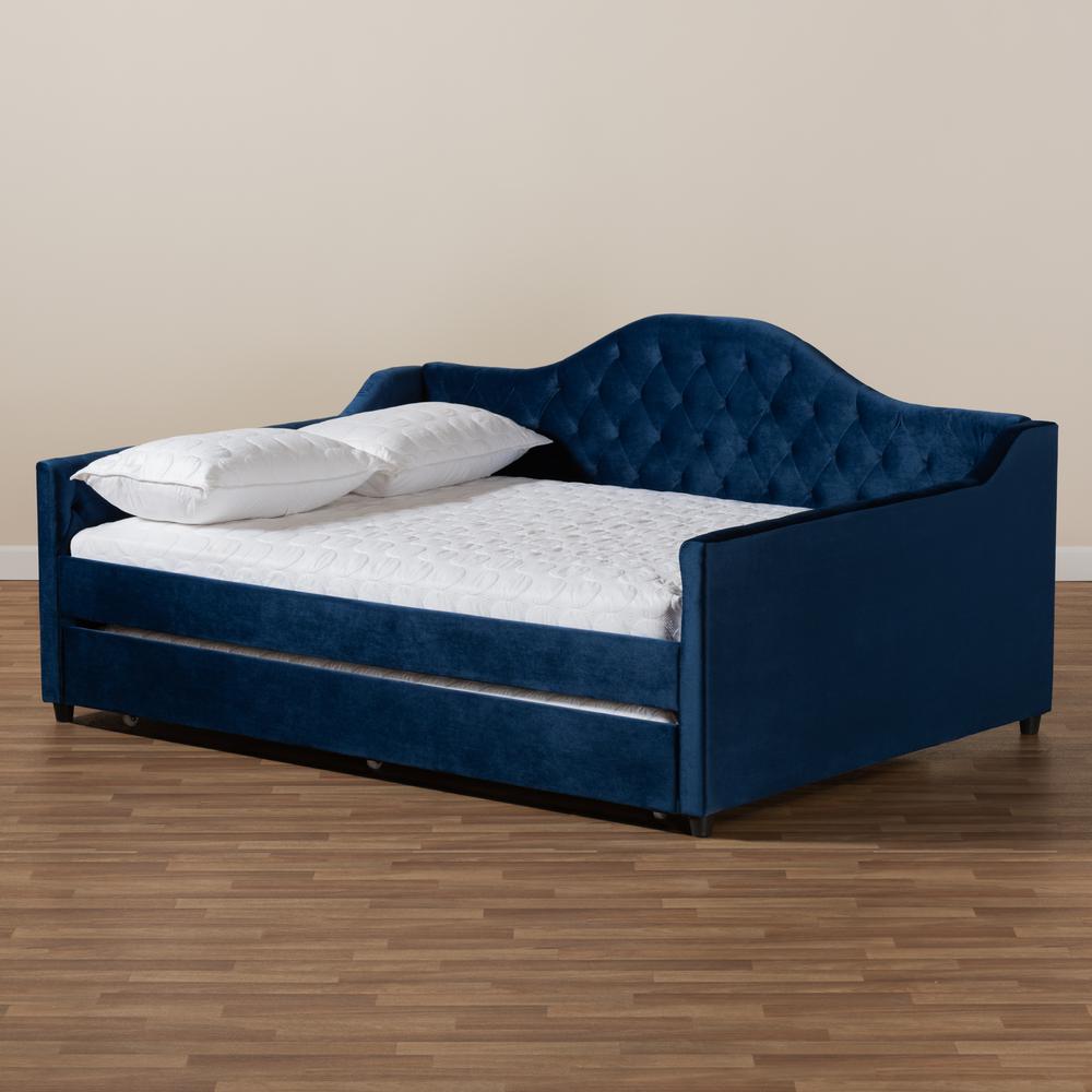 Baxton Studio Perry Modern and Contemporary Royal Blue Velvet Fabric Upholstered and Button Tufted Queen Size Daybed with Trundle. Picture 9