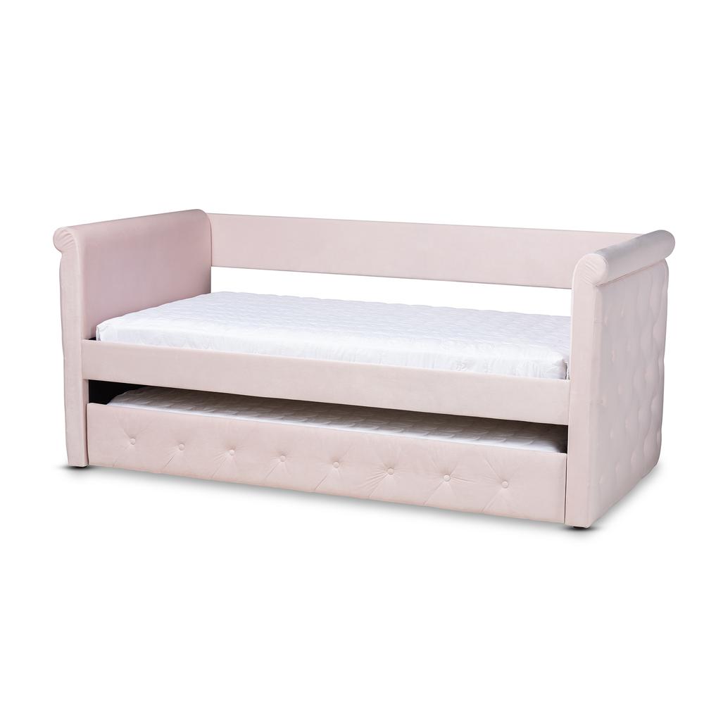 Light Pink Velvet Fabric Upholstered Twin Size Daybed with Trundle. Picture 12