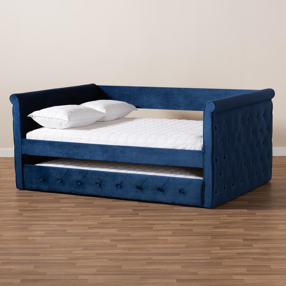 Baxton Studio Amaya Modern and Contemporary Navy Blue Velvet Fabric Upholstered Full Size Daybed with Trundle. Picture 10