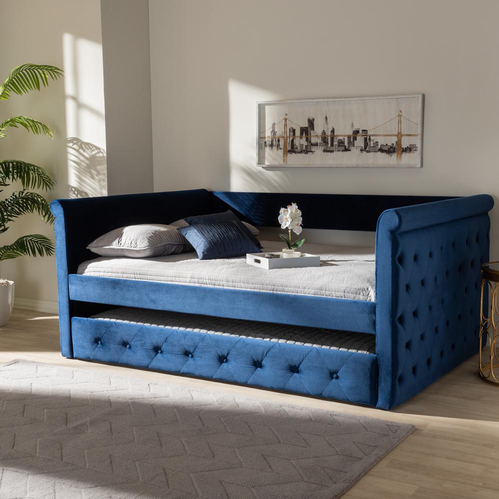 Baxton Studio Amaya Modern and Contemporary Navy Blue Velvet Fabric Upholstered Full Size Daybed with Trundle. Picture 8