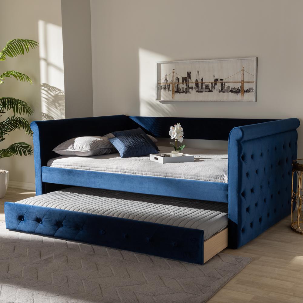 Baxton Studio Amaya Modern and Contemporary Navy Blue Velvet Fabric Upholstered Full Size Daybed with Trundle. Picture 9