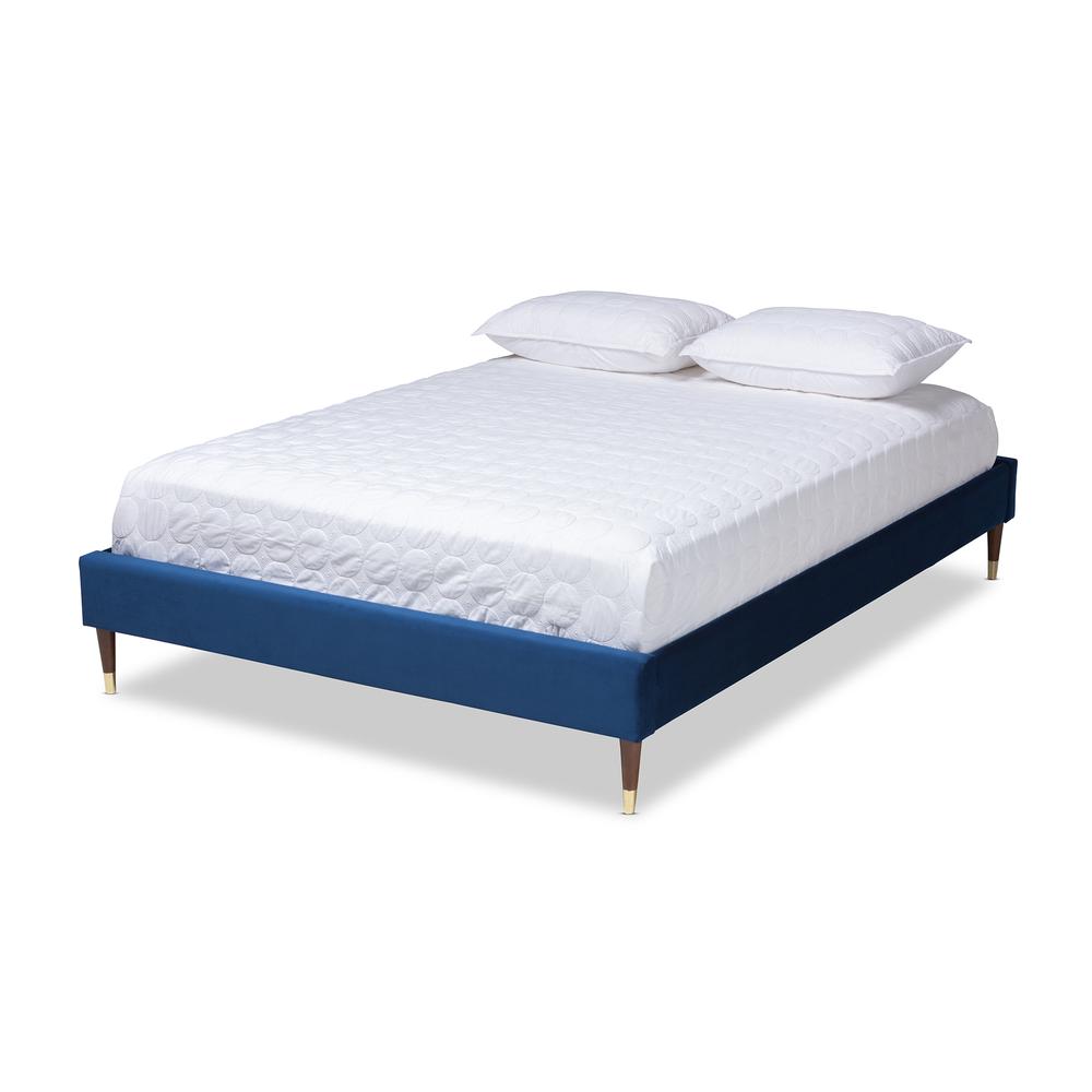 Baxton Studio Volden Glam and Luxe Navy Blue Velvet Fabric Upholstered Full Size Wood Platform Bed Frame with Gold-Tone Leg Tips. Picture 1