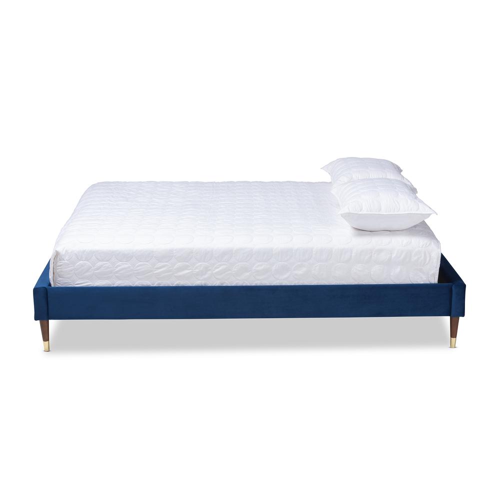 Baxton Studio Volden Glam and Luxe Navy Blue Velvet Fabric Upholstered Full Size Wood Platform Bed Frame with Gold-Tone Leg Tips. Picture 2