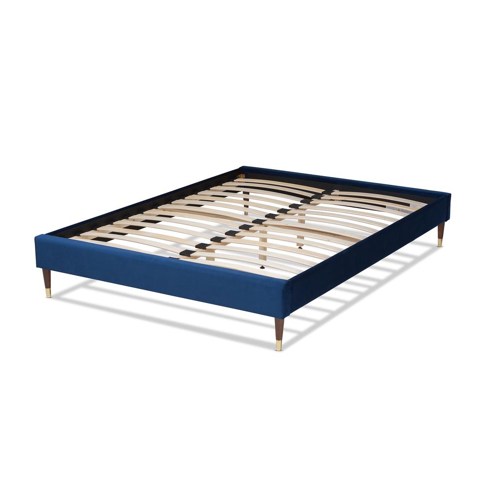 Baxton Studio Volden Glam and Luxe Navy Blue Velvet Fabric Upholstered Full Size Wood Platform Bed Frame with Gold-Tone Leg Tips. Picture 3