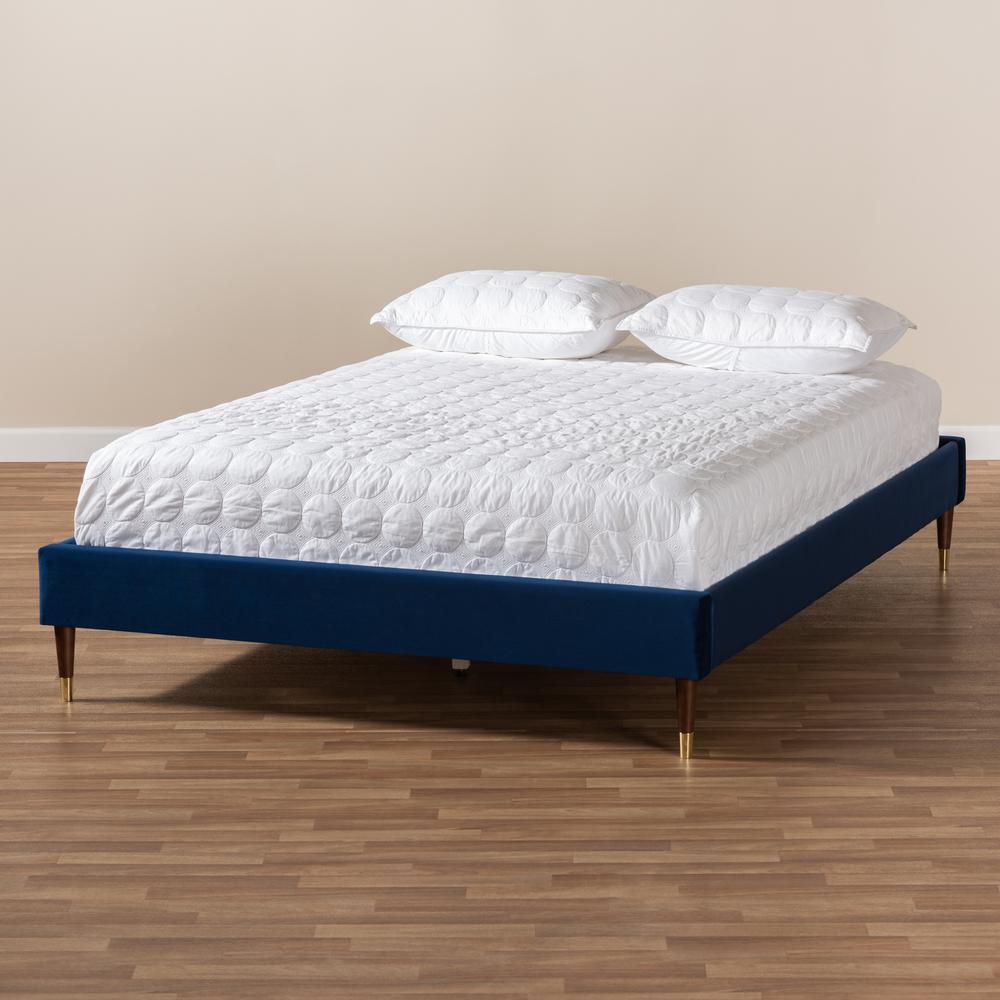 Baxton Studio Volden Glam and Luxe Navy Blue Velvet Fabric Upholstered Full Size Wood Platform Bed Frame with Gold-Tone Leg Tips. Picture 6