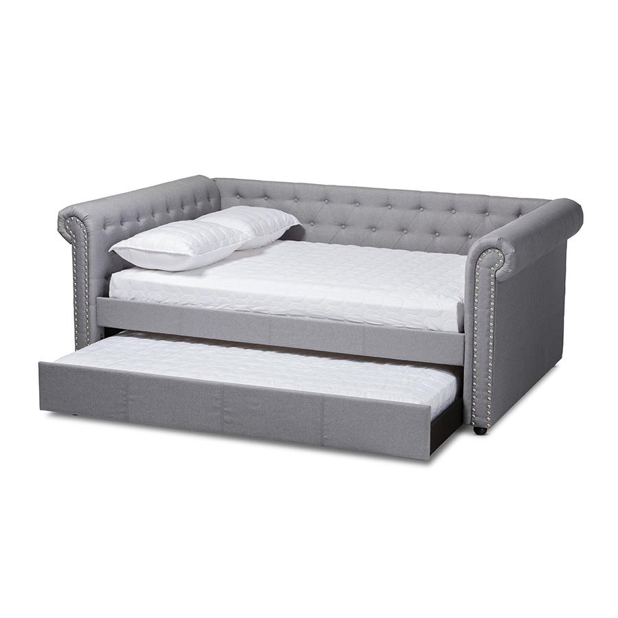 Gray Fabric Upholstered Queen Size Daybed with Trundle. Picture 2