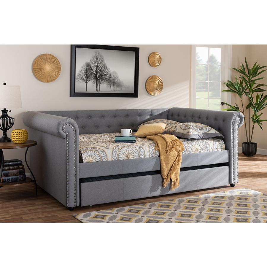 Gray Fabric Upholstered Queen Size Daybed with Trundle. Picture 7