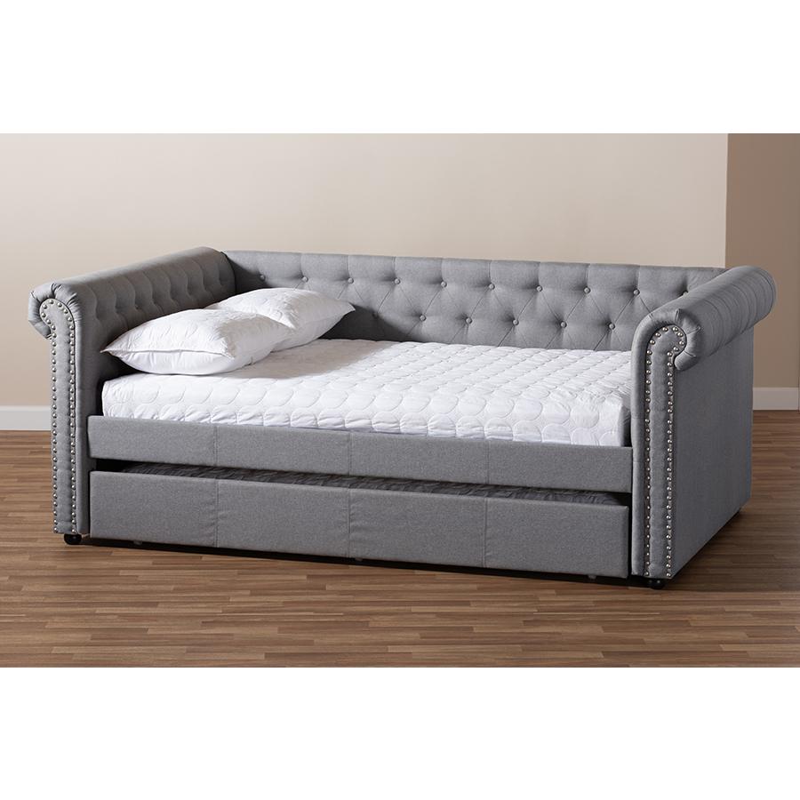 Gray Fabric Upholstered Queen Size Daybed with Trundle. Picture 9