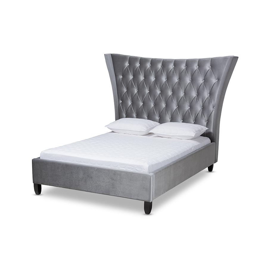 Baxton Studio Viola Glam and Luxe Grey Velvet Fabric Upholstered and Button Tufted King Size Platform Bed with Tall Wingback Headboard. The main picture.