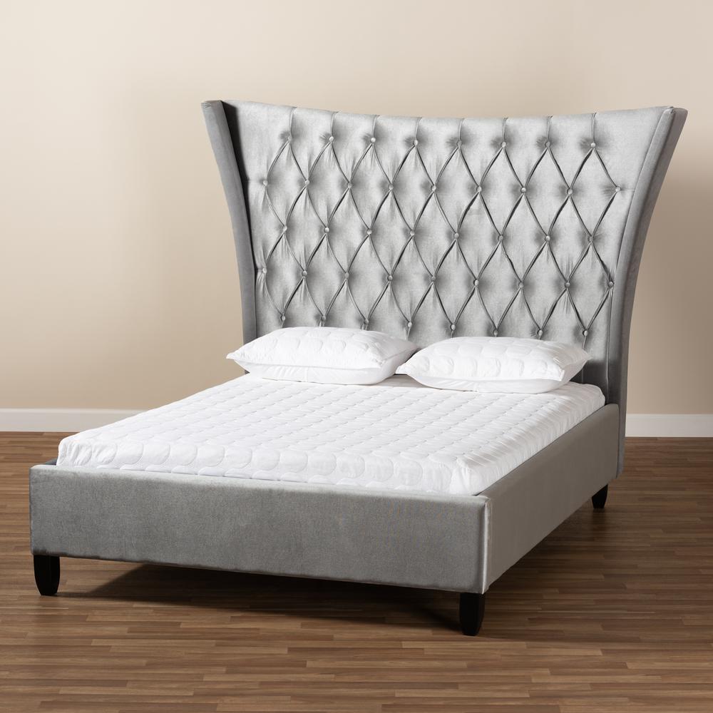 Baxton Studio Viola Glam and Luxe Grey Velvet Fabric Upholstered and Button Tufted King Size Platform Bed with Tall Wingback Headboard. Picture 7
