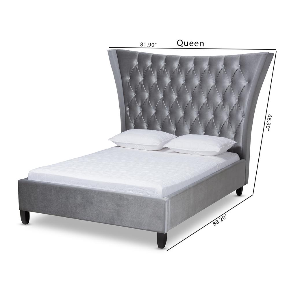 Baxton Studio Viola Glam and Luxe Grey Velvet Fabric Upholstered and Button Tufted King Size Platform Bed with Tall Wingback Headboard. Picture 8