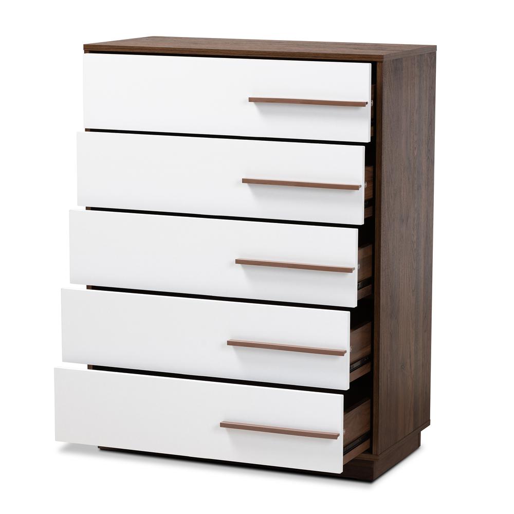 Mette Mid-Century Modern Two-Tone White and Walnut Finished 5-Drawer Wood Chest. Picture 10