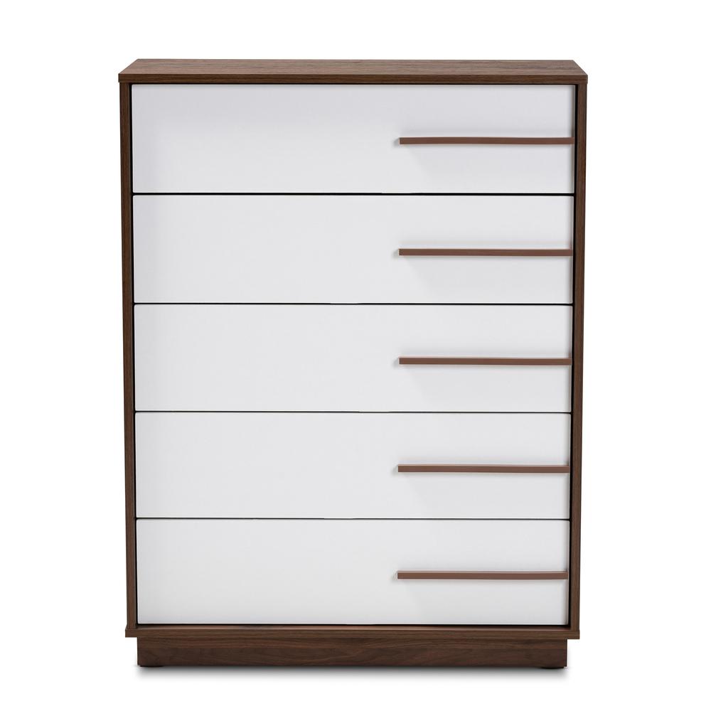Mette Mid-Century Modern Two-Tone White and Walnut Finished 5-Drawer Wood Chest. Picture 11