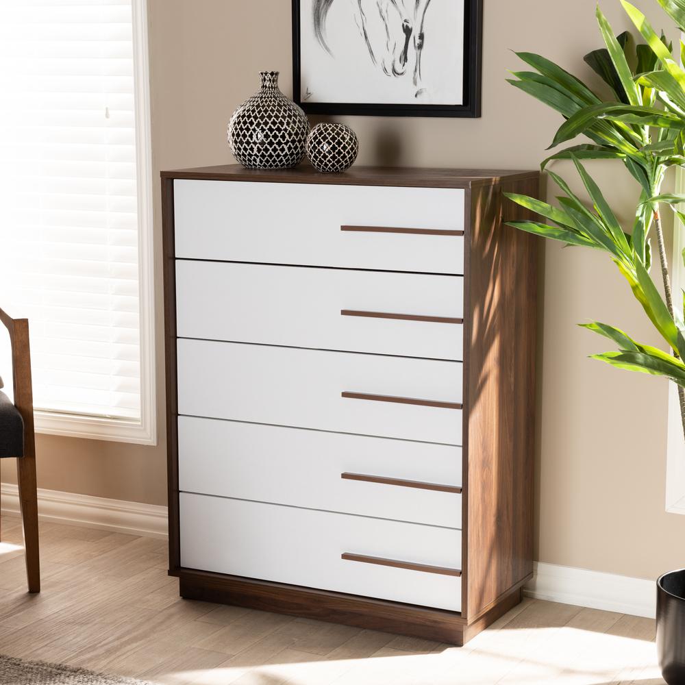 Mette Mid-Century Modern Two-Tone White and Walnut Finished 5-Drawer Wood Chest. Picture 14