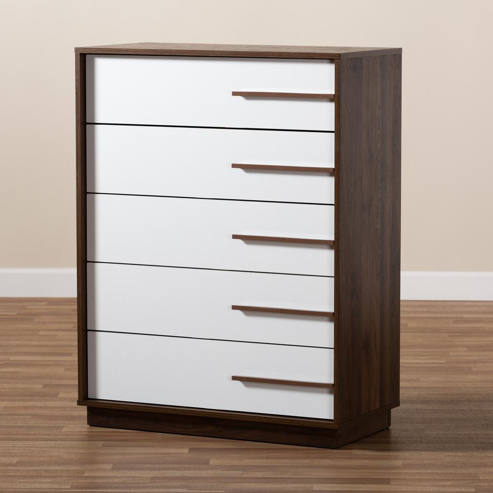 Mette Mid-Century Modern Two-Tone White and Walnut Finished 5-Drawer Wood Chest. Picture 9