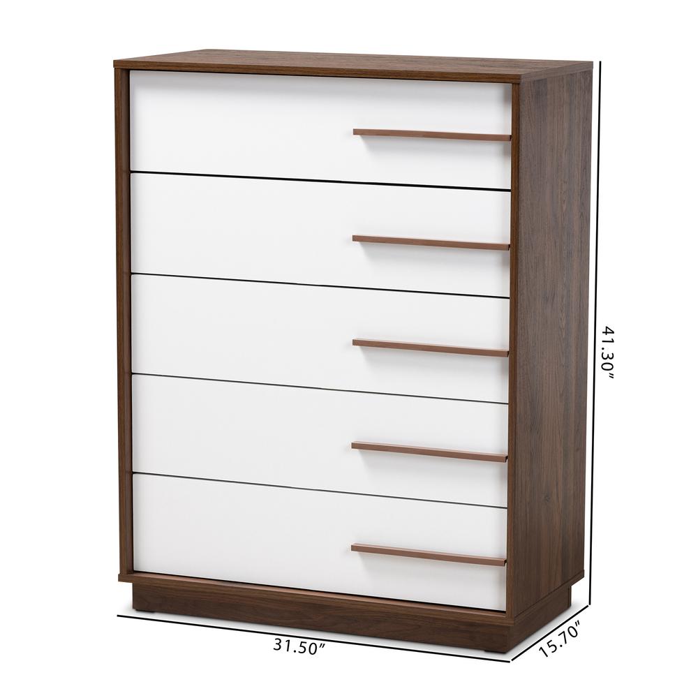 Mette Mid-Century Modern Two-Tone White and Walnut Finished 5-Drawer Wood Chest. Picture 16