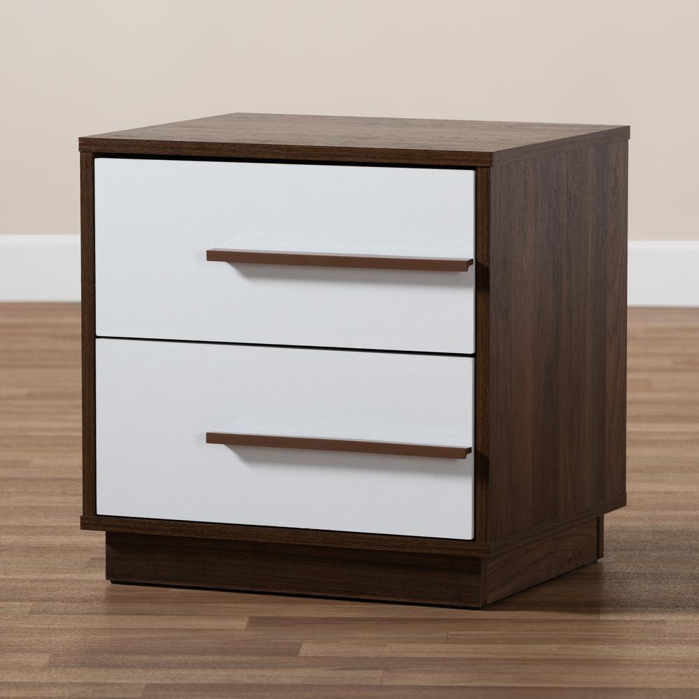 Baxton Studio Mette Mid-Century Modern Two-Tone White and Walnut Finished 2-Drawer Wood Nightstand. Picture 8