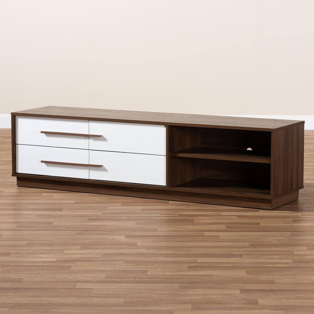 Baxton Studio Mette Mid-Century Modern Two-Tone White and Walnut Finished 4-Drawer Wood TV Stand. Picture 8
