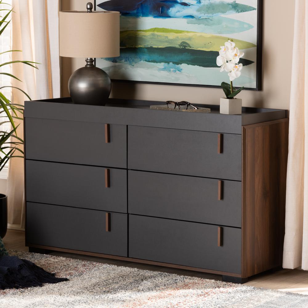 Baxton Studio Rikke Modern and Contemporary Two-Tone Gray and Walnut Finished Wood 6-Drawer Dresser. Picture 8