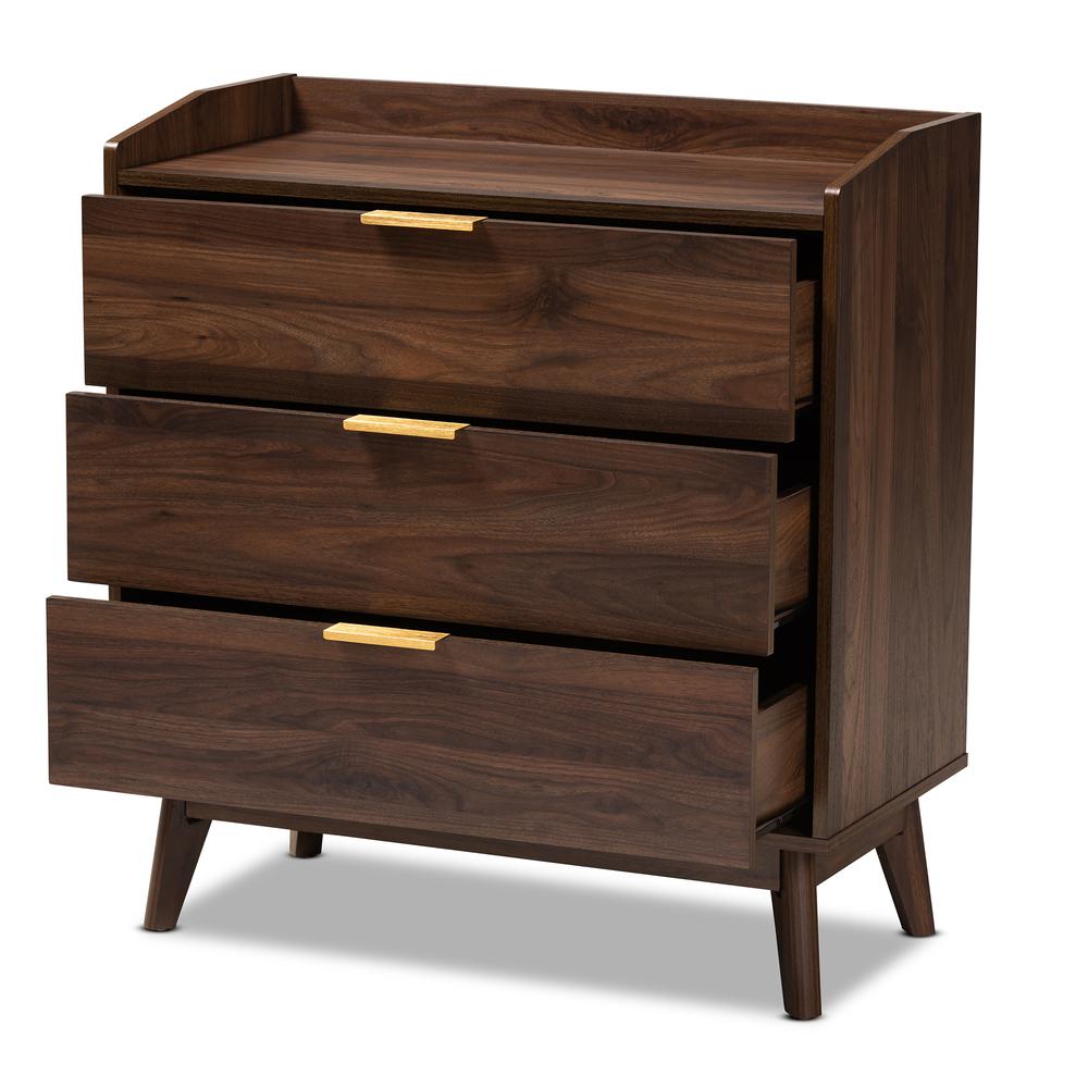 Baxton Studio Lena Mid-Century Modern Walnut Brown Finished 3-Drawer Wood Chest. Picture 11