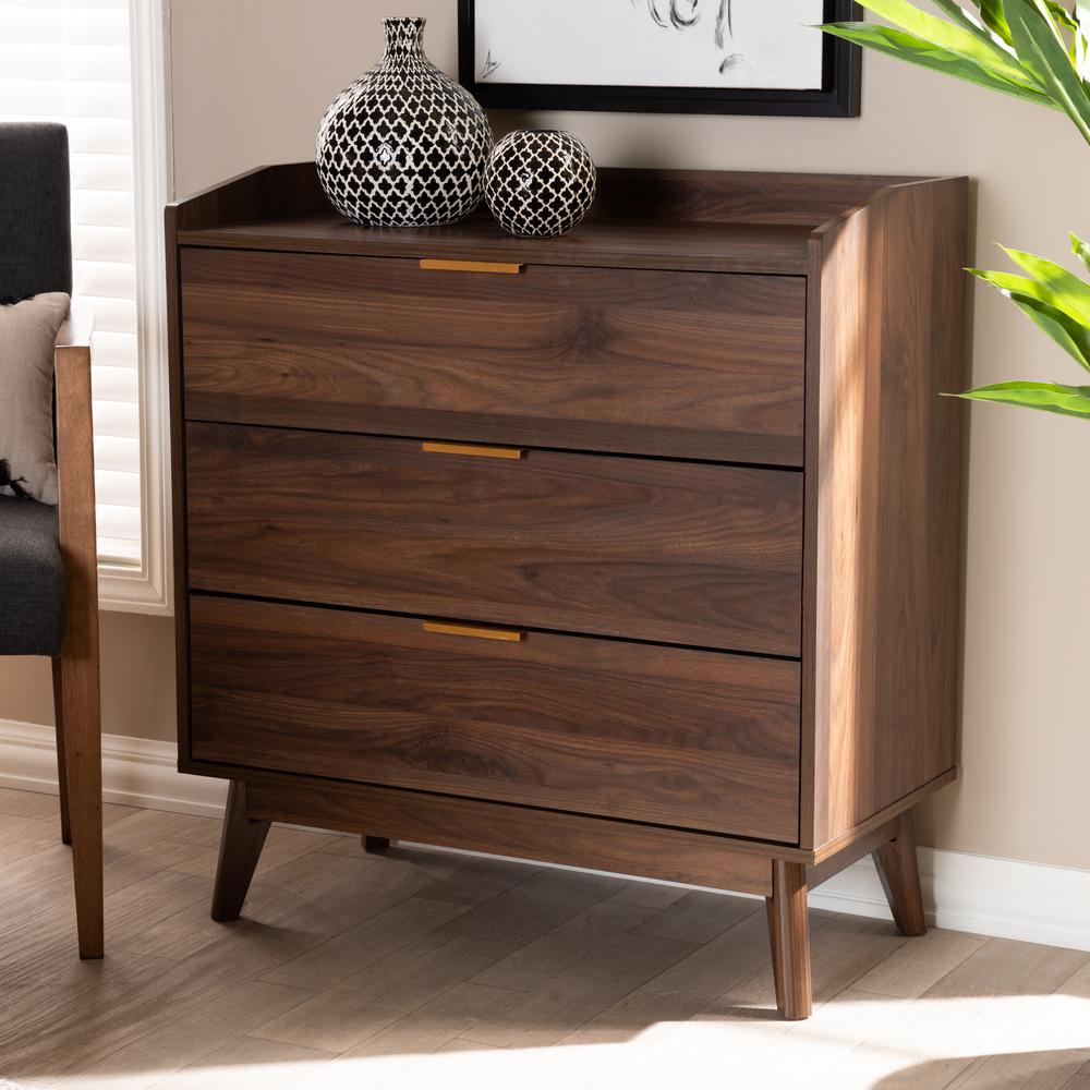 Baxton Studio Lena Mid-Century Modern Walnut Brown Finished 3-Drawer Wood Chest. Picture 16
