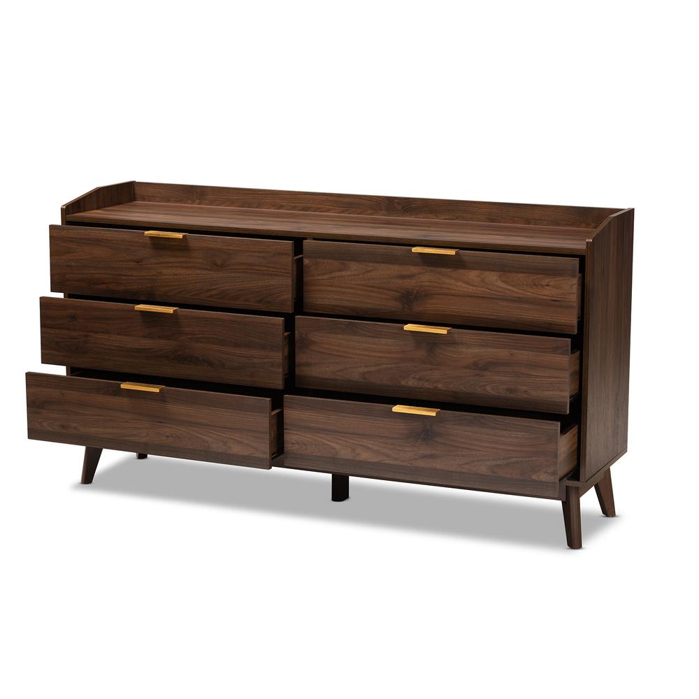 Lena Mid-Century Modern Walnut Brown Finished 6-Drawer Wood Dresser. Picture 11