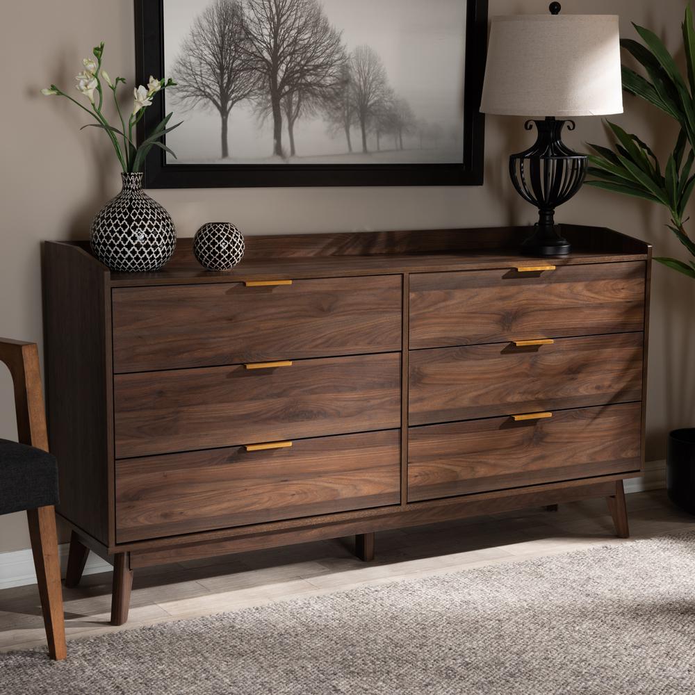 Lena Mid-Century Modern Walnut Brown Finished 6-Drawer Wood Dresser. Picture 16