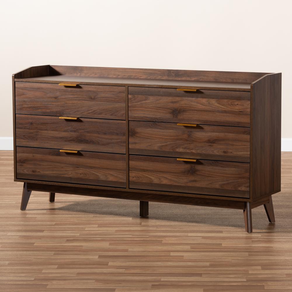 Lena Mid-Century Modern Walnut Brown Finished 6-Drawer Wood Dresser. Picture 10