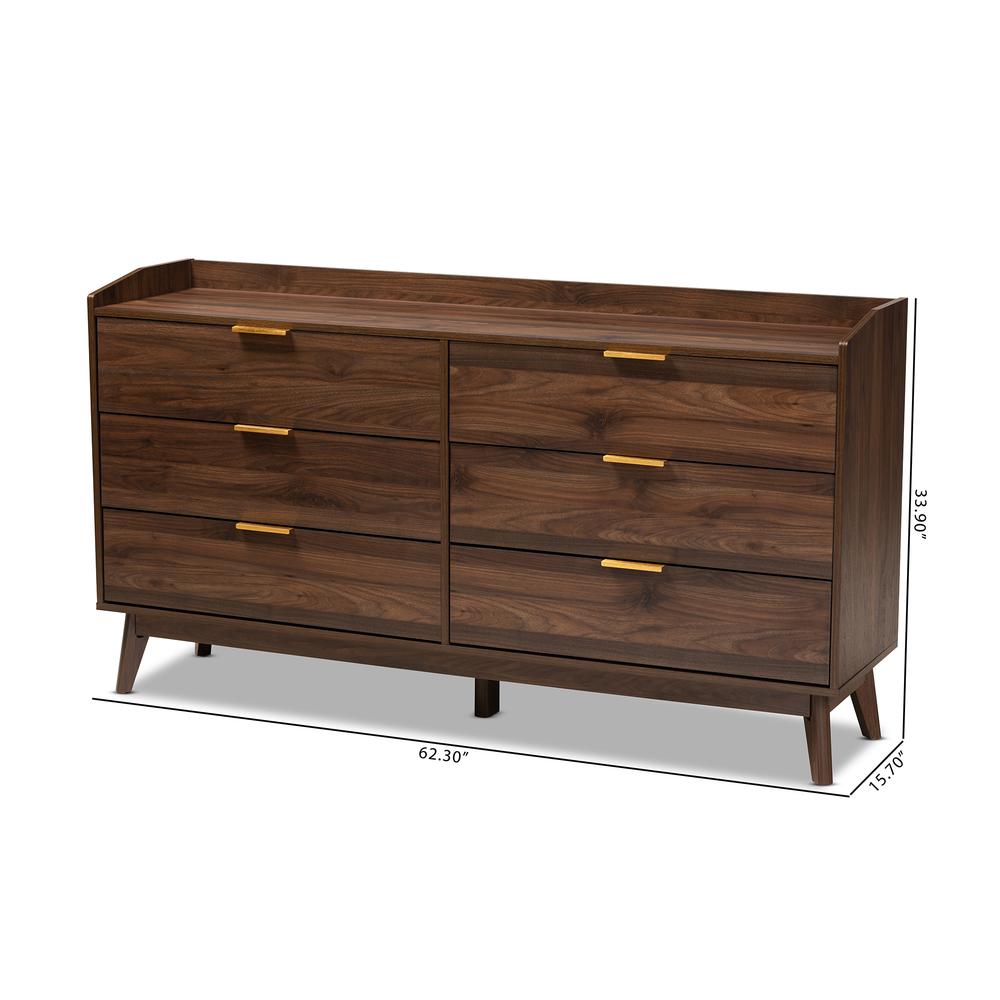 Lena Mid-Century Modern Walnut Brown Finished 6-Drawer Wood Dresser. Picture 18