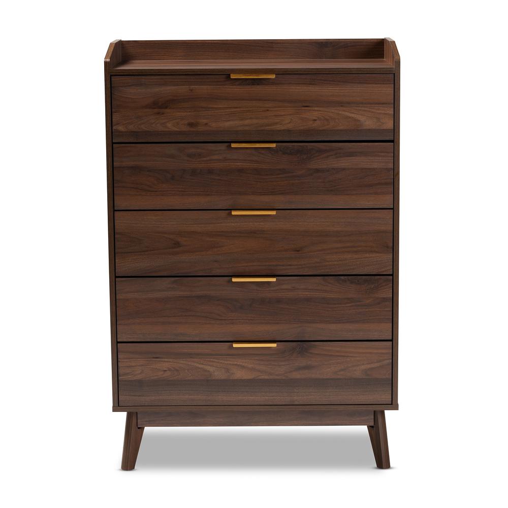 Lena Mid-Century Modern Walnut Brown Finished 5-Drawer Wood Chest. Picture 12