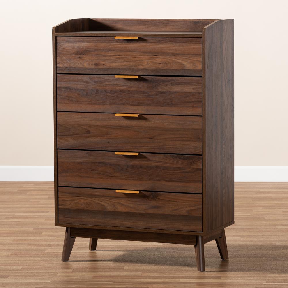 Baxton Studio Lena Mid-Century Modern Walnut Brown Finished 5-Drawer Wood Chest. Picture 9