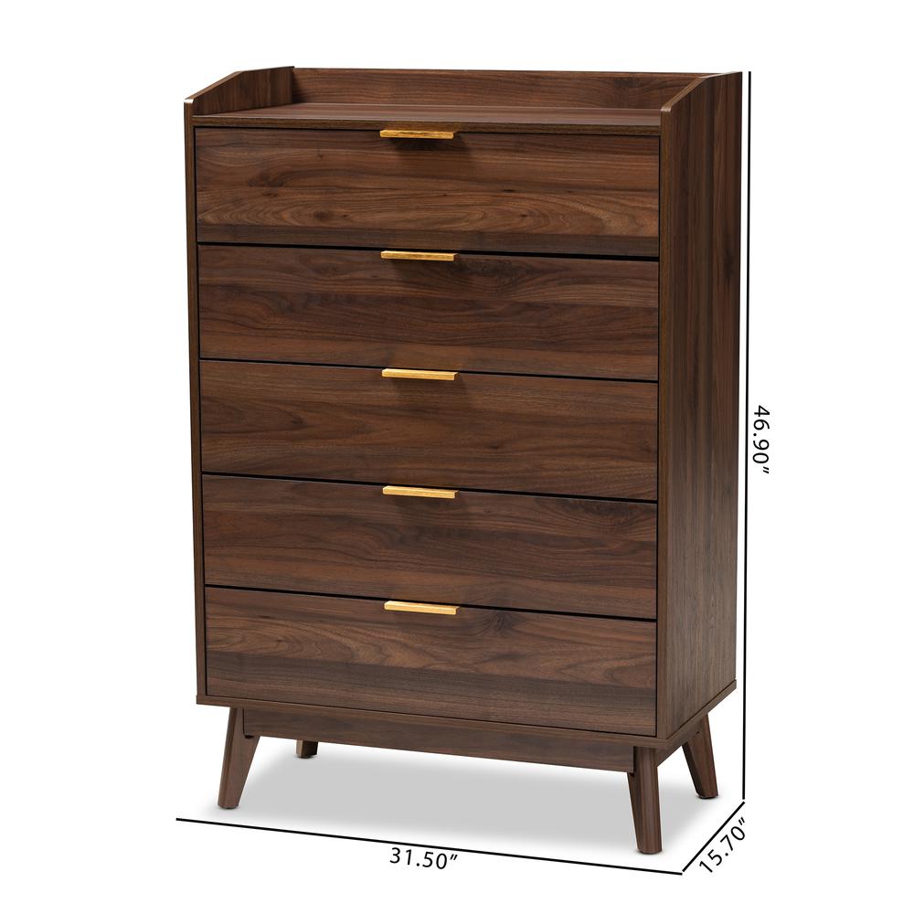 Lena Mid-Century Modern Walnut Brown Finished 5-Drawer Wood Chest. Picture 18