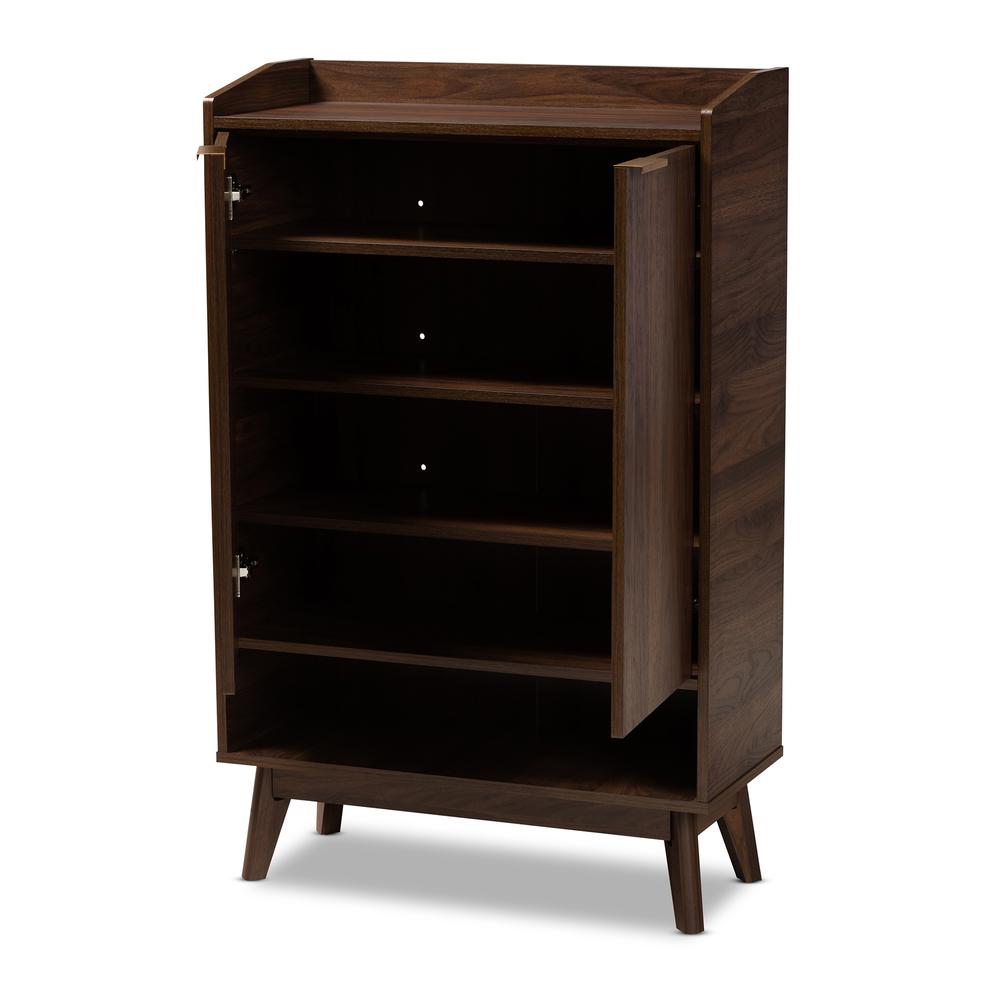 Lena Mid-Century Modern Walnut Brown Finished 5-Shelf Wood Entryway Shoe Cabinet. Picture 12