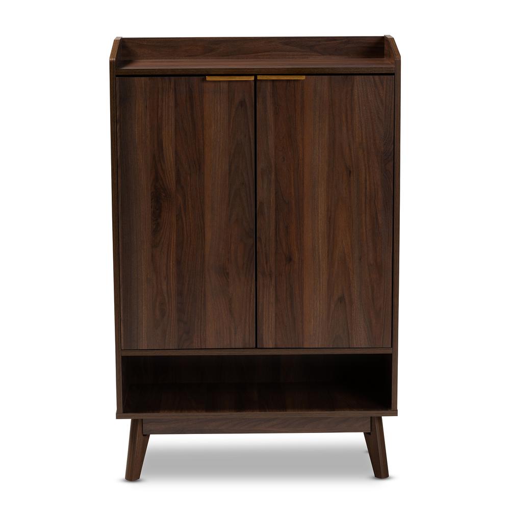 Lena Mid-Century Modern Walnut Brown Finished 5-Shelf Wood Entryway Shoe Cabinet. Picture 13