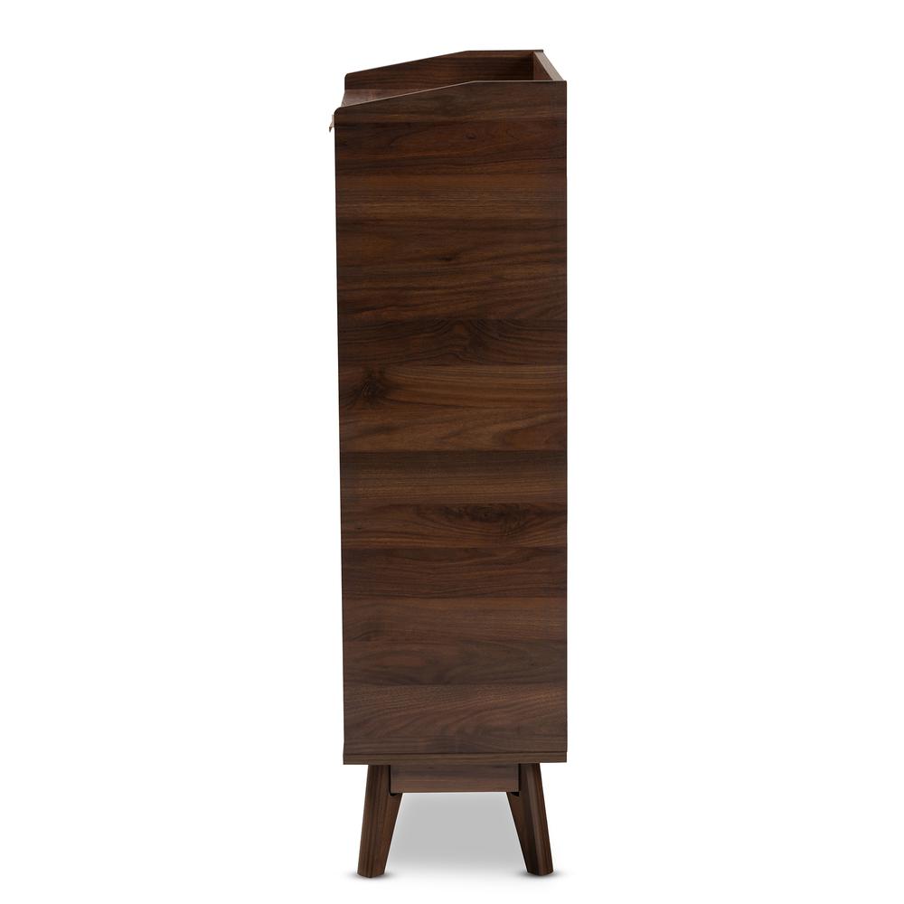 Lena Mid-Century Modern Walnut Brown Finished 5-Shelf Wood Entryway Shoe Cabinet. Picture 14