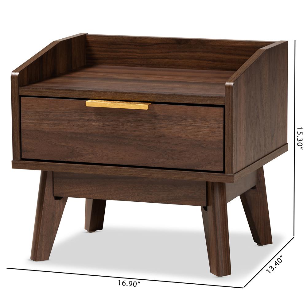 Lena Mid-Century Modern Walnut Brown Finished 1-Drawer Wood Nightstand. Picture 18