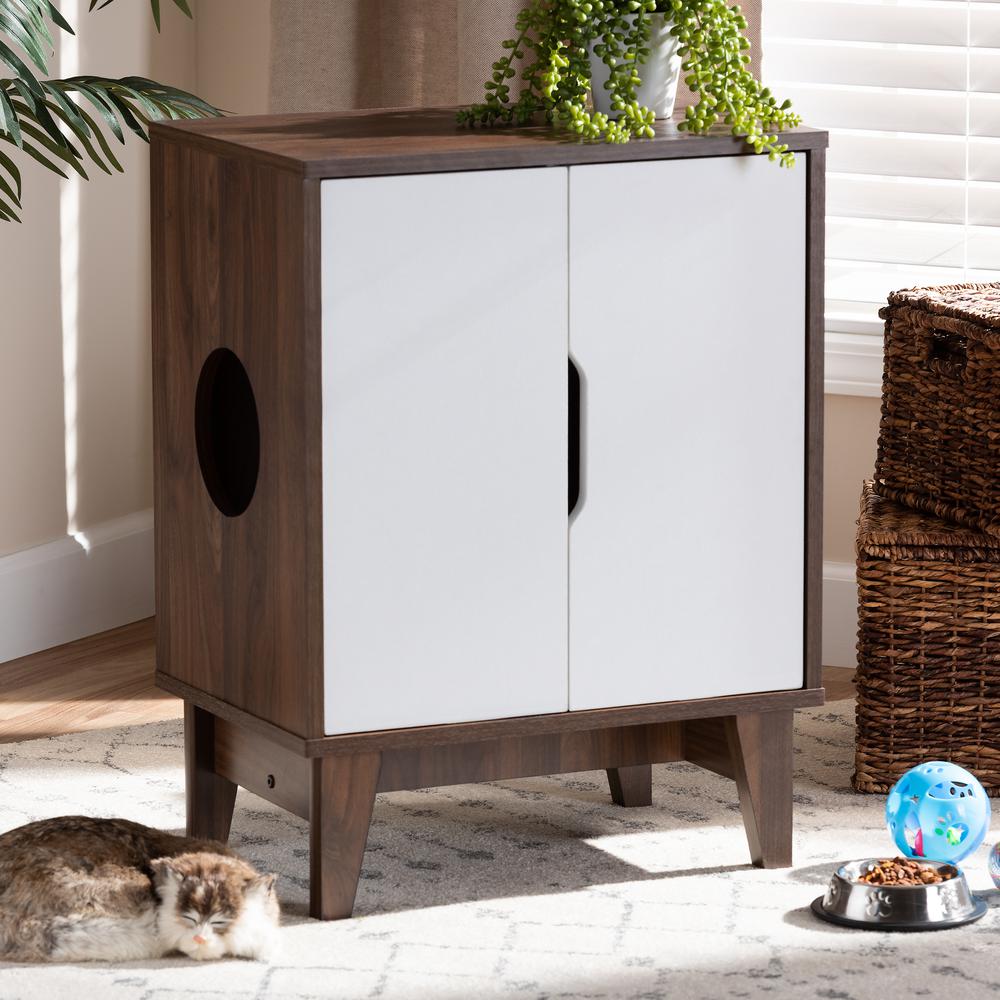 Two-Tone Walnut Brown and White Finished 2-Door Wood Cat Litter Box Cover House. Picture 17