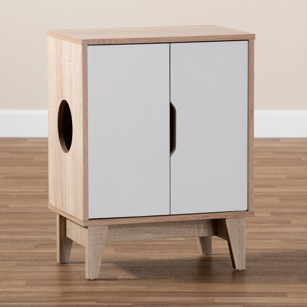 Two-Tone Oak and White Finished 2-Door Wood Cat Litter Box Cover House. Picture 11