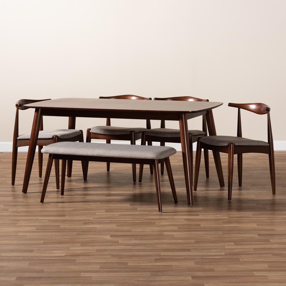 Baxton Studio Aeron Mid-Century Modern Light Gray Fabric Upholstered Walnut Finished Wood 6-Piece Dining Set. Picture 17
