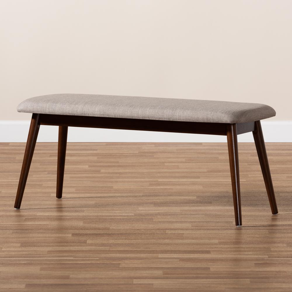 Baxton Studio Flora Mid-Century Modern Light Grey Fabric Upholstered Walnut Finished Wood Dining Bench. Picture 8