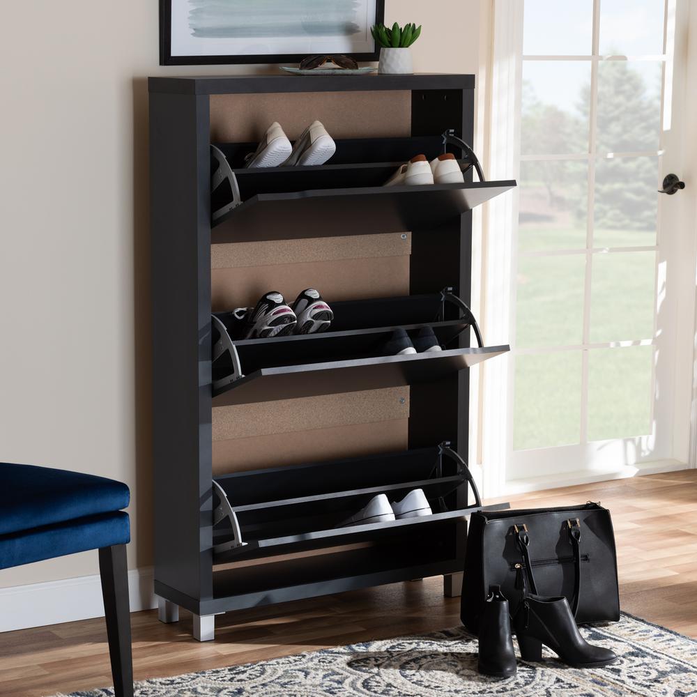 Simms Dark Grey Finished Wood Shoe Storage Cabinet with 6 Fold-Out Racks. Picture 11