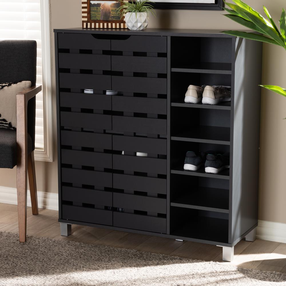 Dark Grey Finished 2-Door Wood Shoe Storage Cabinet with Open Shelves. Picture 17