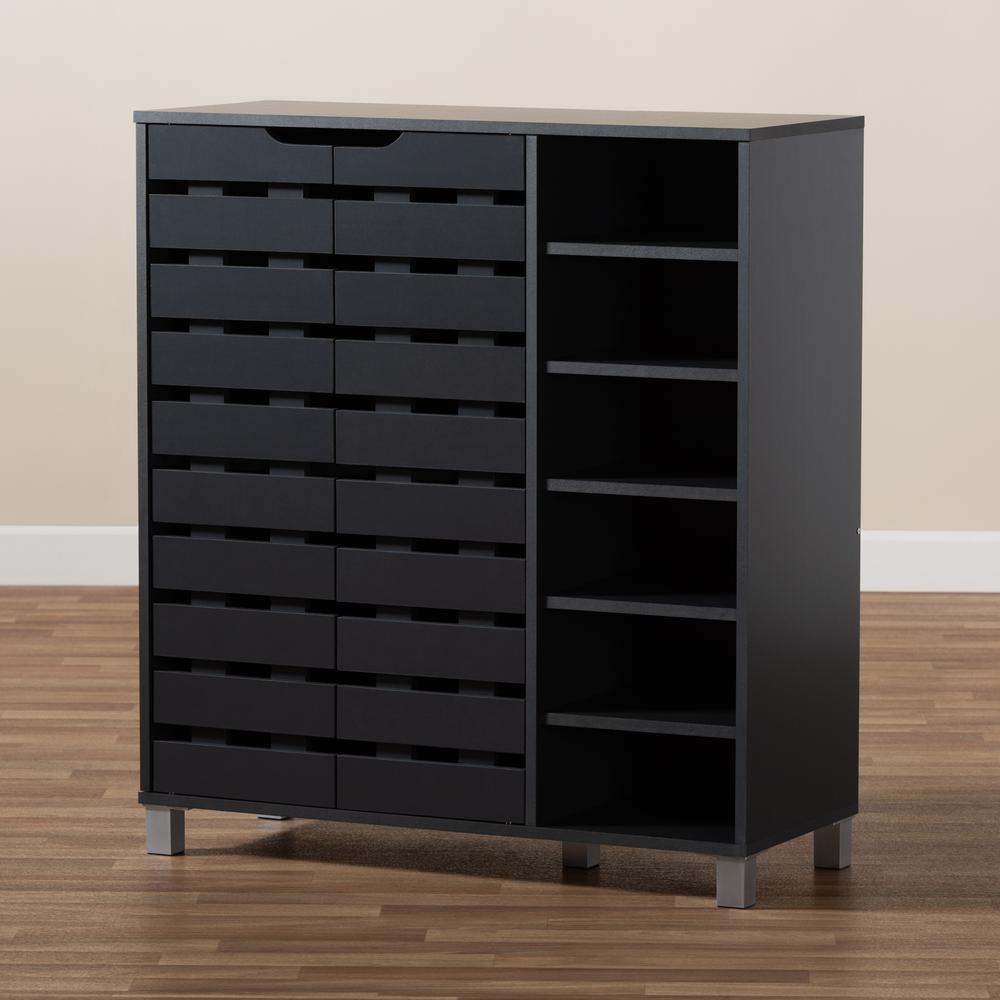 Dark Grey Finished 2-Door Wood Shoe Storage Cabinet with Open Shelves. Picture 11