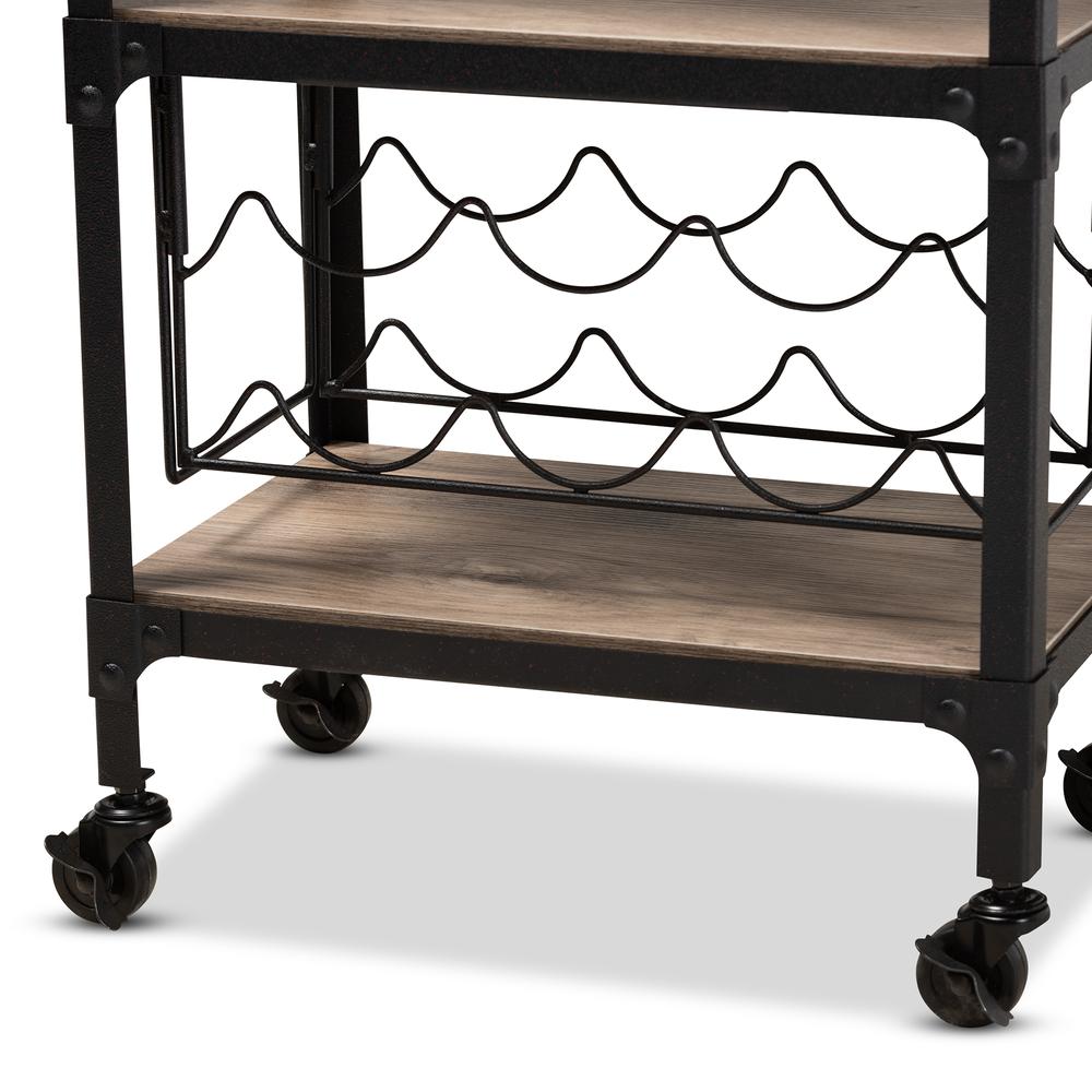 Textured Metal Distressed Oak Finished Wood Mobile Kitchen Bar Wine Cart. Picture 13